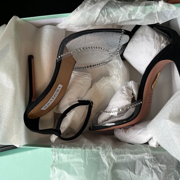 NWT Aquazzura Ray Of Light Sandals Plexi Crystal Peep Toe 105 Black Suede/PVC - Picture 4 of 13
